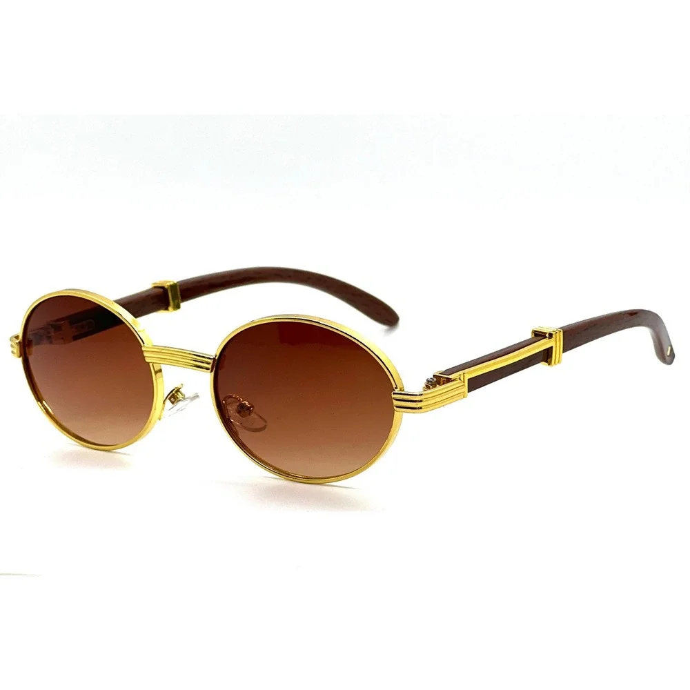 Gold Oval Sunglasses Brown Gradient Lenses‎ Wood Temples Men's Fashion Eyewear